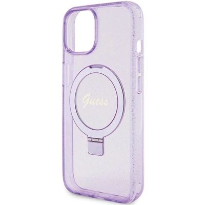 6. Guess Ring Stand Script Glitter MagSafe case for iPhone 15 Plus / 14 Plus - purple