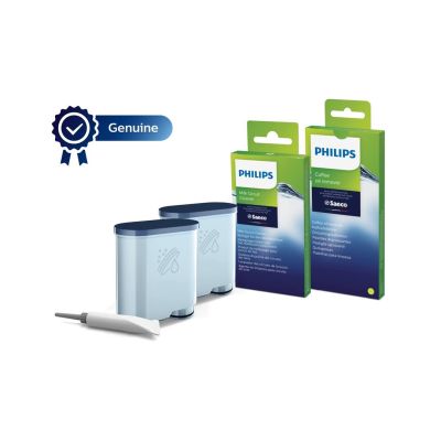 7. Cleaning accessory set for Philips coffee machines CA6707/10 (2 AquaClean filter cartridges, 6 sachets of milk circuit cleaner, 6 coffee oil remover tablets, Lubricant)
