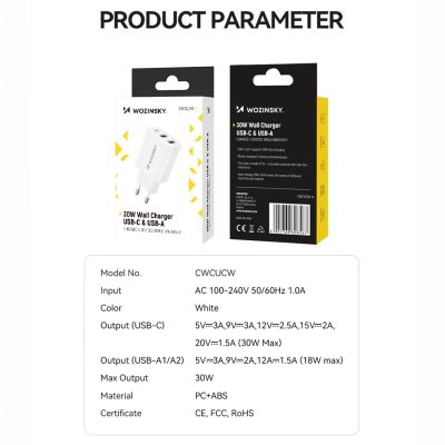 5. Wozinsky CWCUCW 30W USB-C / 2 x USB-A Wall Charger - White