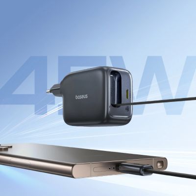 7. Baseus EnerCore CJ11 45W Wall Charger with USB-C Port and Retractable USB-C Cable - Black