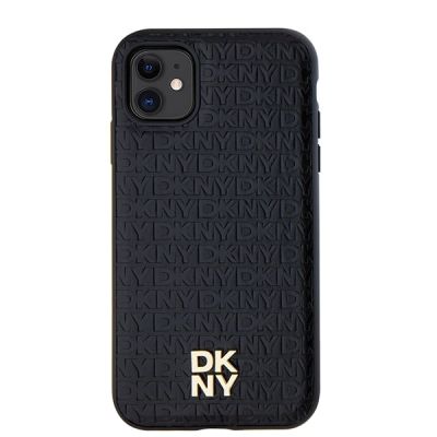 3. DKNY Leather Monogram Pattern Metal Logo MagSafe Case for iPhone 11 / Xr - Black