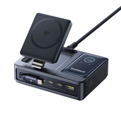Baseus NOMOS 140W Qi2 5-in-1 Wireless Charging Station with Retractable USB-C Cable and Digital Display - Black