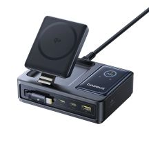 Baseus NOMOS 140W Qi2 5-in-1 Wireless Charging Station with Retractable USB-C Cable and Digital Display - Black