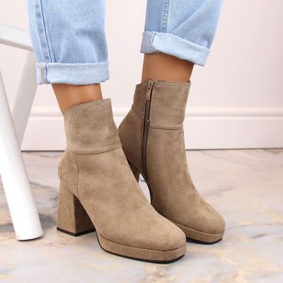 5. Suede ankle boots with a block heel and platform, insulated, M.Daszyński W SAN24B, beige