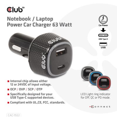 2. CLUB3D CAC-1922 Black Automatic Lighter Charger for Mobile Devices Laptop