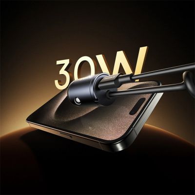 7. Baseus Tiny Star 30W Car Charger with Built-in Spiral USB-C Cable - Black