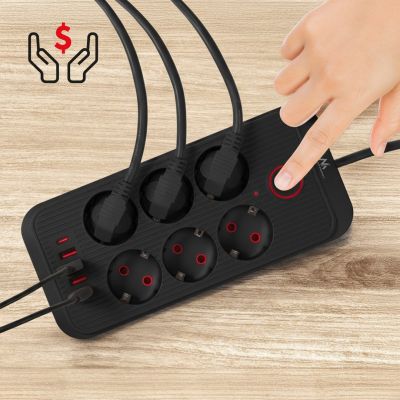 11. MACLEAN POWER STRIP, EXTENSION CORD 6 OUTLETS + 4XUSB, 110-240V AC 50/60HZ, 2.1A MAX 2500W, 1.5M, BLACK MCE389 B