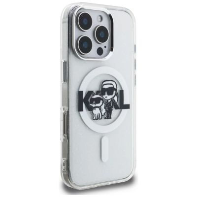 4. Karl Lagerfeld IML Glitter Karl & Choupette Sketch Logo MagSafe Case for iPhone 16 Pro - Clear