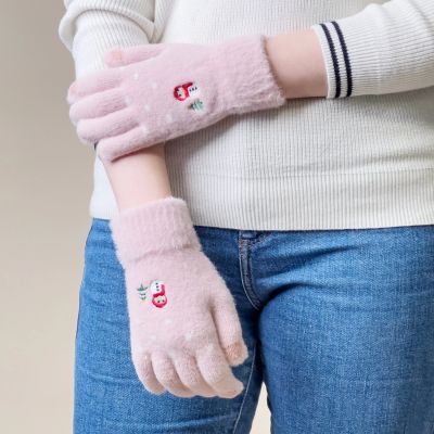 3. Women's winter telephone gloves with a snowman and a Christmas tree - pink