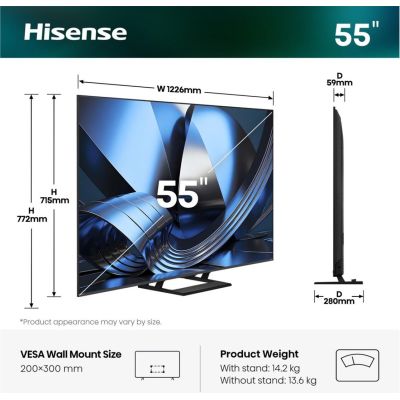 2. Hisense 55U7SE 139.7 cm (55") 4K Ultra HD Smart TV Wi-Fi Black