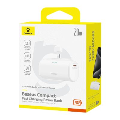 6. Baseus Compact 5000mAh 20W Powerbank with Lightning Connector and USB-C Socket - White