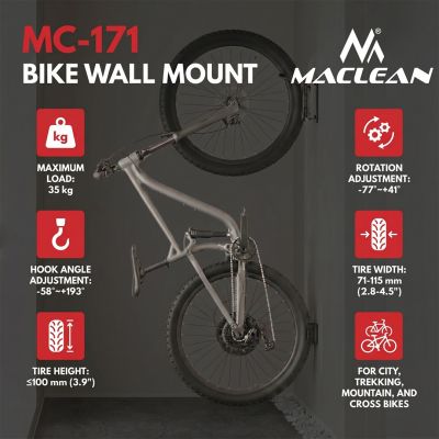 MACLEAN BIKE HOLDER / WALL HANGER, MAX LOAD 35KG, TILT ANGLE ADJUSTMENT, STEEL MC-171