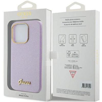 8. Guess Glitter Glossy Script case for iPhone 15 Pro - lilac