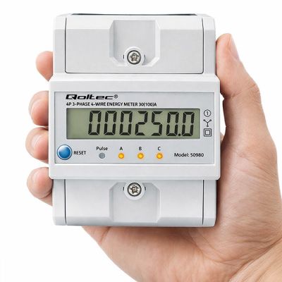 30. Qoltec 50980 Three-phase electronic meter with reset | DIN rail energy meter | 400V | 100A | LCD | LED | 4P