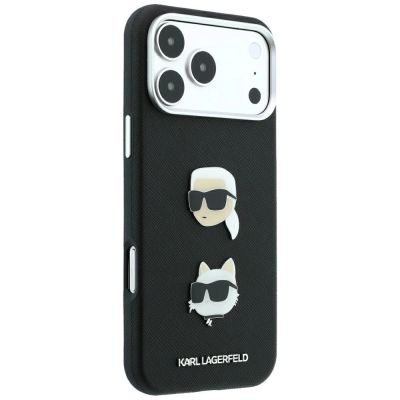 4. Karl Lagerfeld Saffiano Case with Karl & Choupette Heads Pins & Logo for iPhone 18 Pro Max / 17 Pro Max - Black