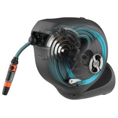 5. Gardena 18610-20 Garden Hose Reel Wall-Mounted Automatic Hose Cart Gray, Turquoise