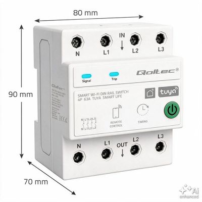 9. Qoltec Three-phase relay 63A for DIN rail | 3P+N | Timer | Wi-Fi | Tuya | Smart Life | Amazon Alexa | 4P