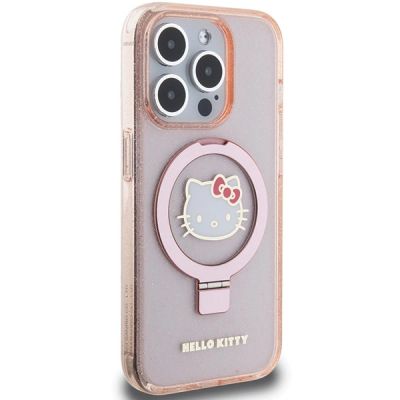 4. Hello Kitty Ring Stand Glitter Electrop Logo MagSafe Case for iPhone 15 Pro - Pink