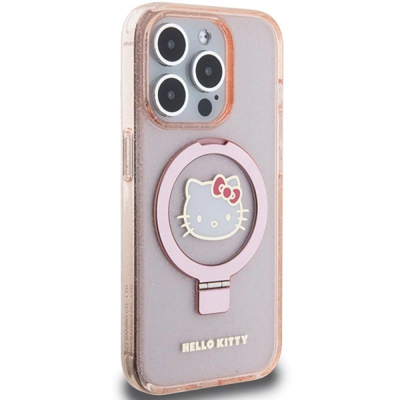 4. Hello Kitty Ring Stand Glitter Electrop Logo MagSafe Case for iPhone 15 Pro - Pink