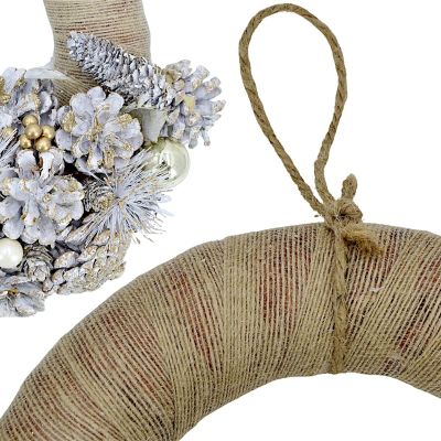 4. DECORATIVE HALF WREATH 34 CM GOLD WITH PINE CONES AND BAUBLES MICA