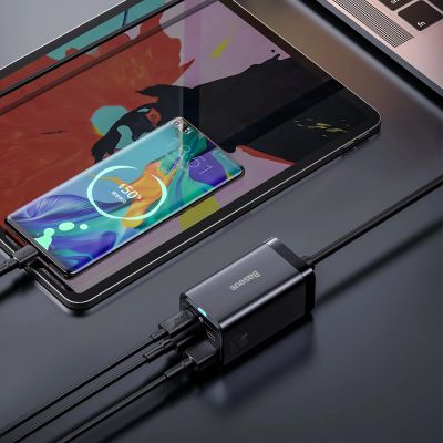 12. Baseus GaN3 Pro fast charger GaN 2 x USB Type C / 2 x USB 65W PD, QC4.0+, AFC, PPS + cable USB Type C - USB Type C 1m black (CCGP040101)