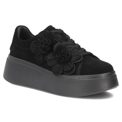 Women's leather sneakers on a platform with flowers, suede, black Filippo DP8113