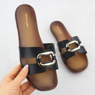 Women's slippers with decoration, black, Sergio Leone SK077H