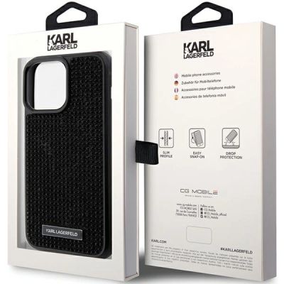 8. Karl Lagerfeld Rhinestone Logo Metal Plate case for iPhone 15 Pro Max - black