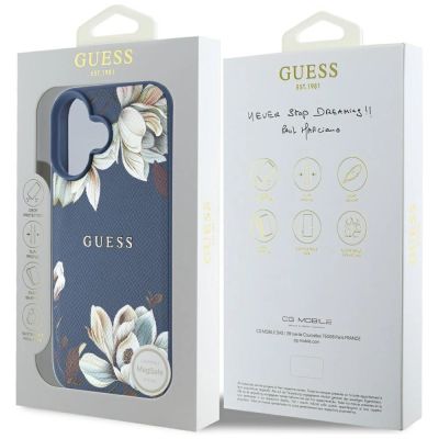 8. Guess Grained Printed Flower Pattern MagSafe case for iPhone 16 blue