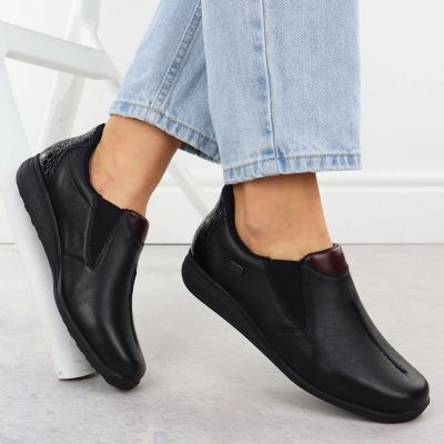 10. Women’s black leather wedge shoes Rieker 47253-00