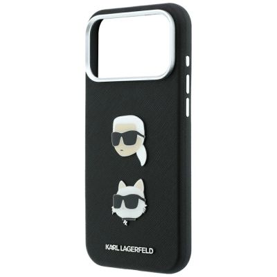 6. Karl Lagerfeld Saffiano Case with Karl & Choupette Heads Pins & Logo for iPhone 18 Pro Max / 17 Pro Max - Black