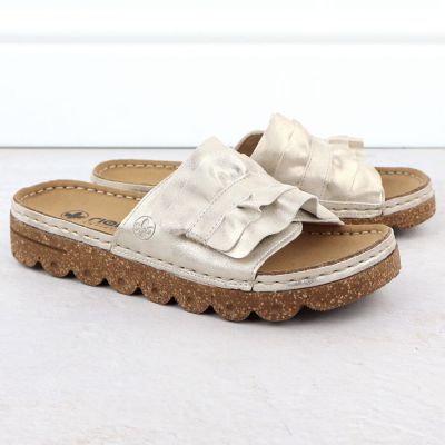 3. Women’s gold platform mules with ruffle detail Rieker V8763-60