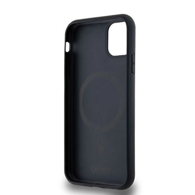 7. DKNY Leather Monogram Pattern Metal Logo MagSafe Case for iPhone 11 / Xr - Black