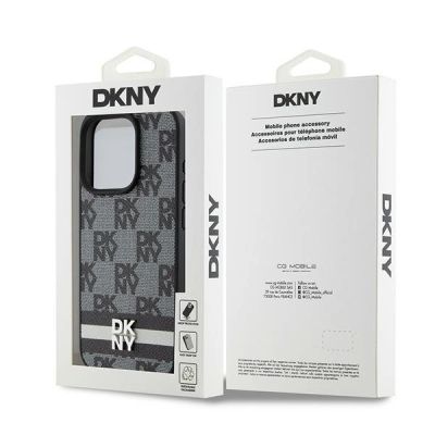 8. DKNY Leather Checkered Mono Pattern & Printed Stripes iPhone 15 Pro Case - Black