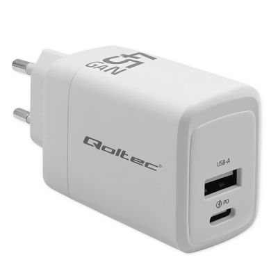 QOLTEC CHARGER 45W GAN | 5-20V | 1.5-3A | 1XUSB-C PD | 1XUSB QC 3.0 | WHITE