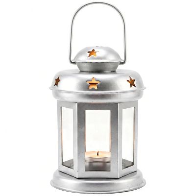 TEA LIGHT LANTERN CANDLE HOLDER 15CM SILVER