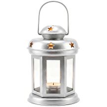 TEA LIGHT LANTERN CANDLE HOLDER 15CM SILVER
