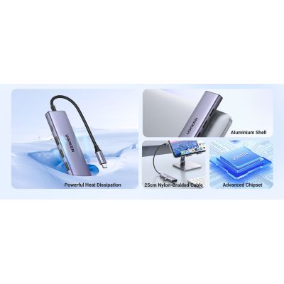 8. Ugreen Multifunctional 5-in-1 HUB USB-C - HDMI 1.4 / 3 x USB-A / USB-C PD 100W CM511 - Gray