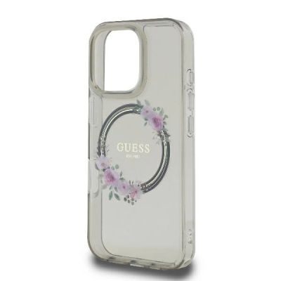 6. Guess IML Flowers Wreath MagSafe Case for iPhone 16 Pro - Black