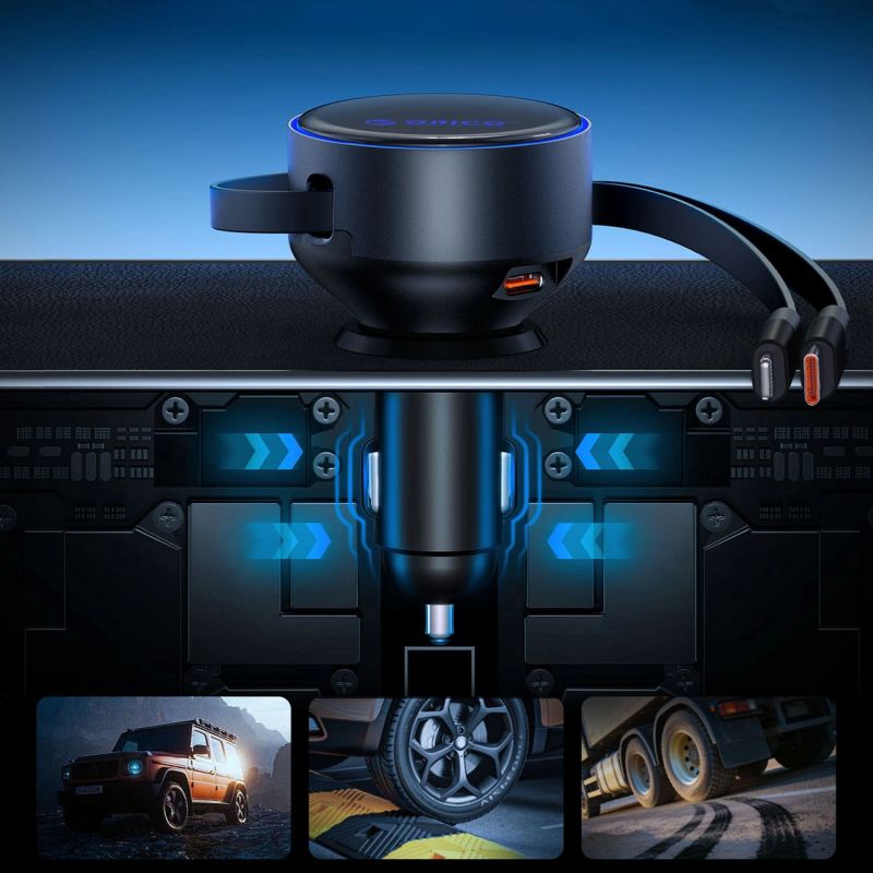 11. ORICO Dual Stretch 60W Split Extension Retractable Car Charger with Two Retractable Cables