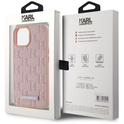 8. Karl Lagerfeld Leather Monogram Metal Logo MagSafe iPhone 15 Case - Pink