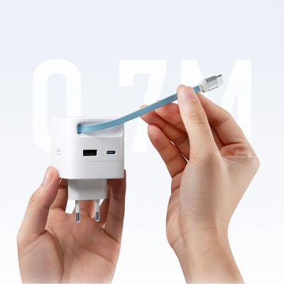 3. Cuktech AD653W 67W GaN 2x USB-C + USB-A Wall Charger with 70cm Retractable USB-C Cable - White
