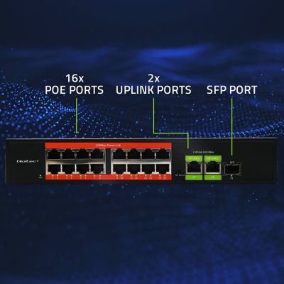 9. Qoltec SWITCH Fast Ethernet PoE Network Switch | 16x RJ45 10/100 Mb/s | 2x RJ45 Uplink 1000 Mb/s | 1x SFP 1000 Mb/s