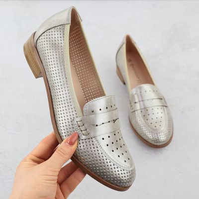 Women's openwork loafers, metallic gold, Potocki 12581