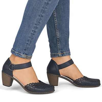 5. Women's leather sandals with a comfortable heel, openwork, navy blue, Rieker 40902-14