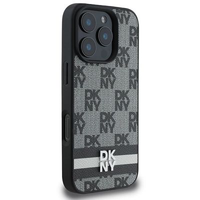 4. DKNY Checkered Pattern & Printed Stripes Case for iPhone 16 Pro Max - Black