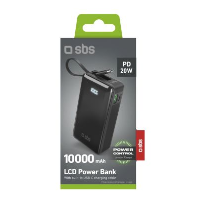2. Powerbank SBS 10000 mAh 20W with built-in USB-C cable and digital display - black