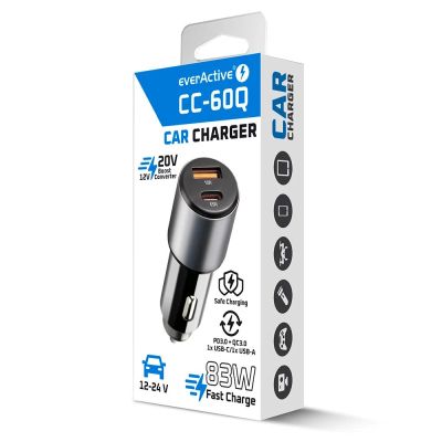 7. EVERACTIVE CAR CHARGER 1 X USB QC3.0, 1 X USB-C PD 83W BLACK CC-60Q