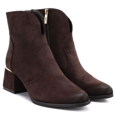 4. Women's suede high-heeled ankle boots, brown, Potocki 12422