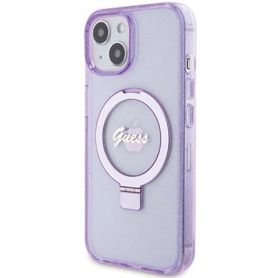 2. Guess Ring Stand Script Glitter MagSafe case for iPhone 15 Plus / 14 Plus - purple